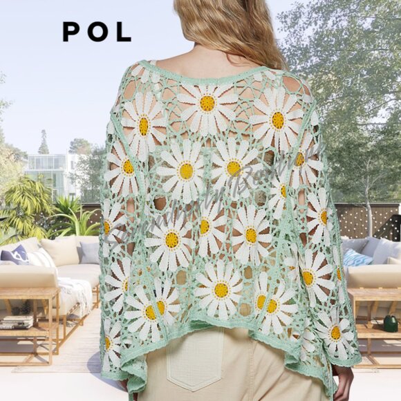 POL Mint Daisies Large Pattern Crochet Cut Out Open Front Shacket Cardigan Top - Picture 6 of 9
